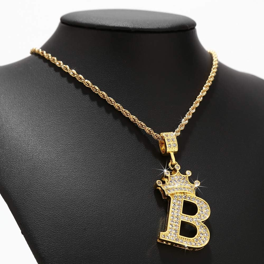 A-Z Letters Necklace Crown Necklace for Men Women 18K Gold Plated Letters Pendants with 23'' Chain Hip Hop Alphabet Name Jewelry Mom Gifts